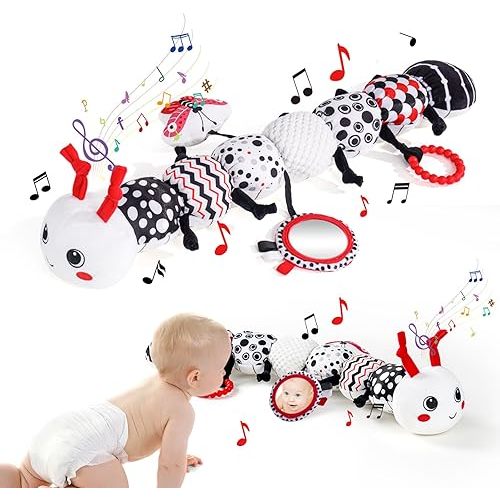 Baby Toys for 0-6 Months, Sensory Music Animal Stuffed Caterpillar Toy,Black and White High Contrast Toy with Crinkle Rattles for Infant Newborn, Tummy Time Toys Gifts for 0 3 6-12 Month