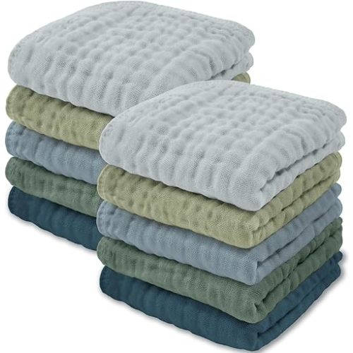 Comfy Cubs Muslin Baby Washcloths 10 Pack - Soft 6-Layer Cotton Wash Cloths for Sensitive Skin - 10"x10" Large, Gentle, Absorbent Infant Essentials for Newborn and Toddlers - (Multi Boy)
