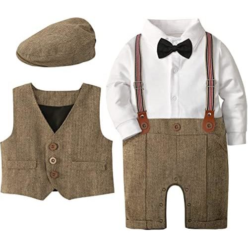A&J DESIGN 4pcs Baby Boys Suit, 3 Months - 18 Months, Gentleman Romper & Vest & Berets Hat & Bow Tie