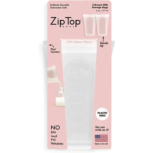Zip Top Reusable 100% Silicone Breast Milk Storage Bags That Stand Up Stay Open and Zip Shut, Made in The USA - Set of 2 Bags