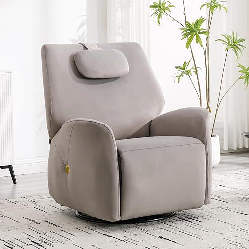 Glider Rocking Chair Nursery, Swivel Rocker, Power Recliner Chair, Nursery Glider Recliner with Adjustable Headrest, USB Ports, Living Room Chairs, Fabric (Fabric Grey, Adjustable Headrest)