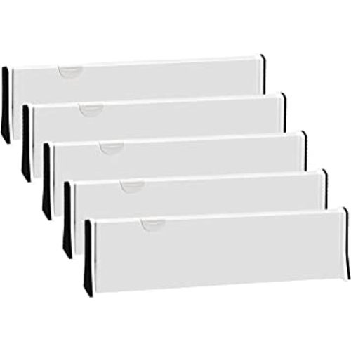 JONYJ Drawer Dividers Organizer 5 Pack, Adjustable Separators 4" High Expandable from 14.9-21" for Bedroom, Bathroom, Closet,Clothing, Office, Kitchen Storage, Strong Secure Hold, Foam Ends(White)
