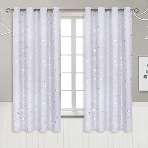 BGment Blackout Curtains for Bedroom, Star Curtains with Moon for Kids Room, Thermal Insulated Room Darkening Drapes with Grommet for Nursery Girl Boy Baby, 2 Panels of 52 x 63 Inch, Greyish White