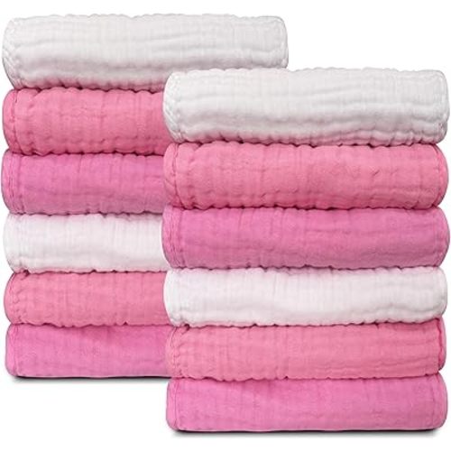 Sunny zzzZZ Baby Muslin Washcloths -100% Cotton Muslin Soft Baby Bath Wash Cloths and Absorbent Burp Cloths for Newborns Kids Girls and Boys -12 Pack, 12x12 Inches - White+Deep Sakura Series