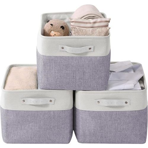 DECOMOMO Storage Bins | Fabric Storage Baskets for Shelves for Organizing Closet Shelf Nursery Toy | Decorative Large Linen Closet Organizer Bins with Handles (Purple and White, Large - 3 Pack)