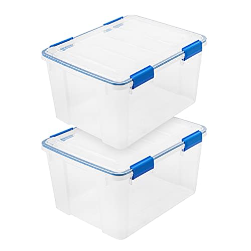 IRIS USA WeatherPro 44 Qt Storage Bins with Lids, 2 Pack, BPA-Free Plastic Gasket Box with Tight Latch and Seal, Stackable Nestable Tote Tub - Clear/Blue
