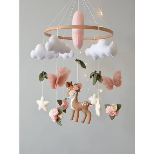 Deer baby mobile girl. Butterflies baby mobile. Baby shower gift. Flowers baby mobile.