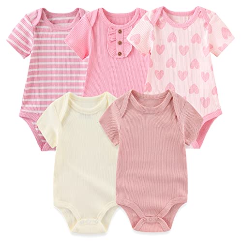 MAMIMAKA Newborn Baby Short Sleeve Bodysuit Cotton One-Piece Baby Clothes 5-Pack, 0-12 Months