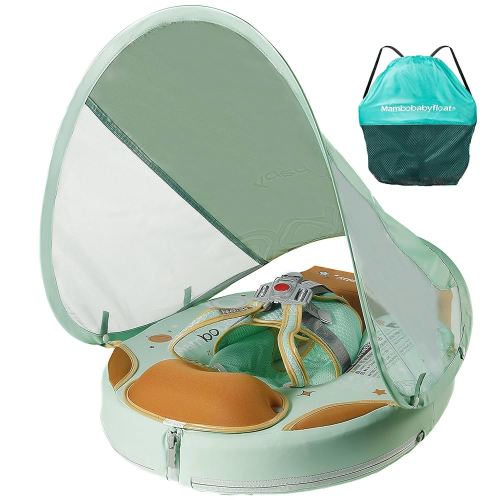 Mambobaby Float with Canopy & Portable Backpack Skin-friendly Baby Swim Float with Tail Waterproof Non-Inflatable Mambo Float Smart Swim Trainer Soft Solid Infant Pool Float 3-24 months Baby Swim Ring