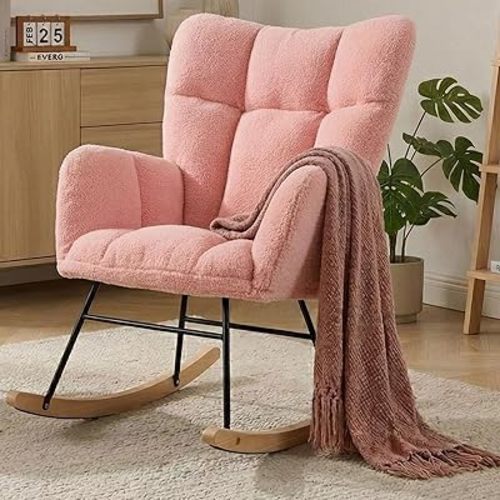 Nursery Rocking Chair, Teddy Upholstered Glider Chair with Thick Cushion, Tufted Gliding Rocker Chair with Wood Leg, Cozy Rocking Armchair, Accent Rocking Chair for Living Room (Pink)