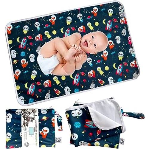 Flockthree Waterproof Baby Changing Pad with Storage Bag (28.7" X 19.7") Washable Wipeable Reusable Leak Proof Diaper Travel Mat Station Changing Mattress Liner Cribs Bed Cover, Aircraft