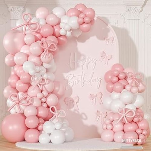 Coquette Birthday Decorations 145 Pcs Pink and White Balloon Garland Arch Kit Include Light Pink White Bow Balloons Different Size for Baby Shower Gender Reavel Wedding Party Decorations