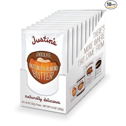Justin's Chocolate Hazelnut & Almond Butter Squeeze Pack, Organic Cocoa, Gluten-free, Responsibly Sourced, Packaging May Vary, 1.15 Ounce (Pack of 10)