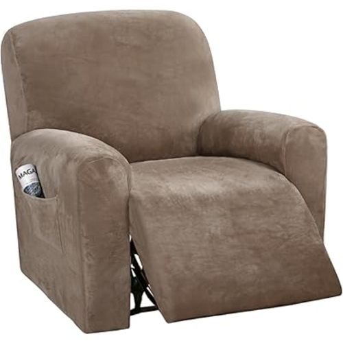 H.VERSAILTEX Velvet Stretch Recliner Couch Covers 4-Pieces Style Recliner Chair Covers Recliner Cover for Reclining Chair Slipcovers Feature Non Slip Form Fitted Thick Soft Washable, Mocha
