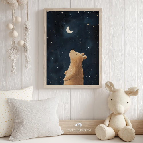 cute stargazing bear print, cute bear wall art, toddler room décor, good night wall art, children's wall art, bear nursery print, moon bear