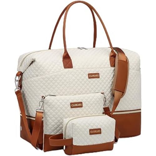 Weekender Bags for Women Travel, Overnight Bags Carry On Duffle Bag with Shoe Compartment for Airplane Large Tote Bag for Weekend Over Night, Hospital Bags, Women Gifts, Beige Brown