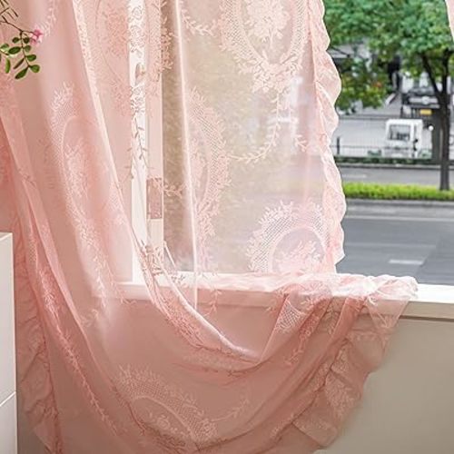 Pink Lace Curtains 96 inches Long Set of 2 Panels for Bedroom Living Room, Sheer Rose Florals Embroidery Shabby Chic Window Treatments Pair Decor Drapes for Girl's Room,Rod Pocket W57 x L96