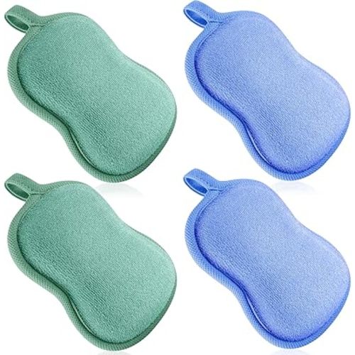 Tatuo 4-Piece Baby Bath Sponge Set - Soft, Absorbent Cotton & Sponge Loofah for Kids, Babies, Men & Women (Green, Blue)