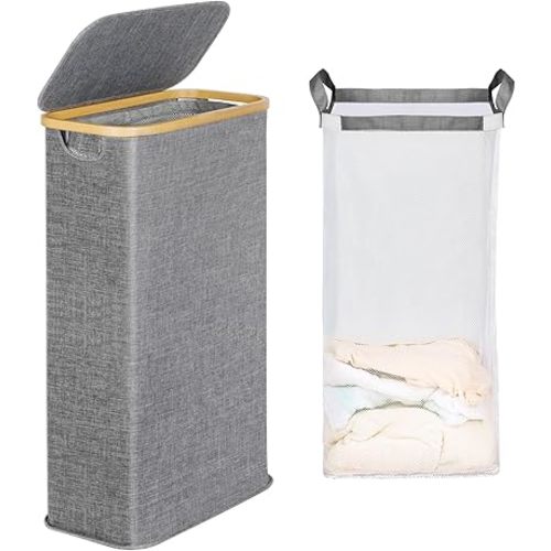 Slim Laundry Basket with Lid, Narrow Laundry Hamper with Removable Bag, Skinny Dirty Clothes Basket with Bamboo Handles for Bathroom, Bedroom & Laundry Room, 63L Ash Grey
