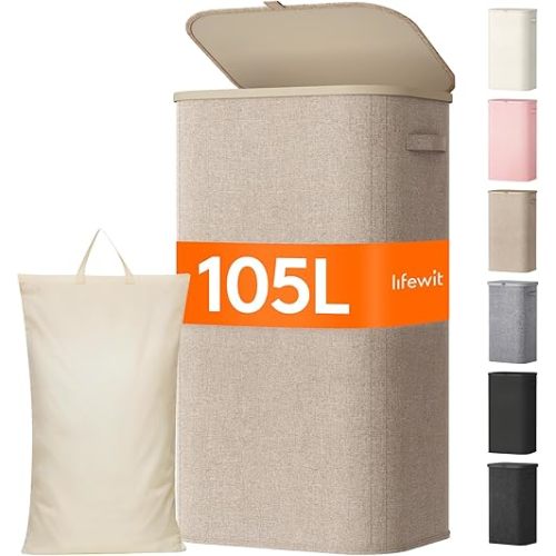 Lifewit 105L Large Laundry Basket with Lid, Laundry Hamper with Plastic Handles and Removable Bag, Foldable Tall Dirty Clothes Hampers for Laundry for Laundry Room, Bedroom, Bathroom, Dorm, Beige