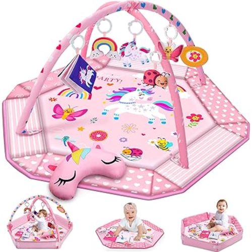 Tapete de juego de unicornio para bebé, tapete 9 en 1 con 7 juguetes para bebés, tapete de actividad lavable para bebés visuales, sensoriales, desarrollo motor, juguetes para bebés recién nacidos, regalo para niños pequeños de 0-3-4-6-9-12 meses