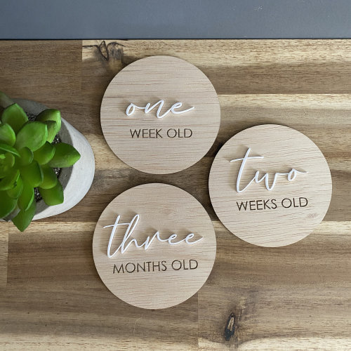 Baby Milestone Discs / cards with acrylic - Laser engraved - wood - flat lay photo prop - newborn baby - Baby Shower gift
