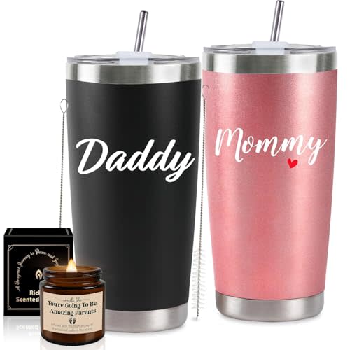 Pregnancy Gifts for New Parents 20 Oz Mom and Dad Tumbler Set for First Time Moms Dads Expecting Parents to Be Mother's Day Father's Day Baby Shower Gender Reveal Presents Xmas Gifts(Rose Gold&Black)