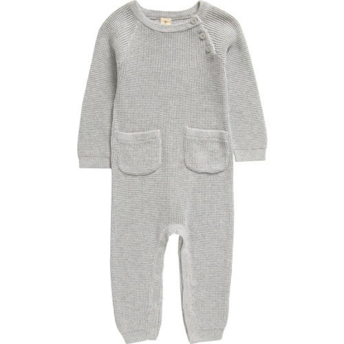 Baby Waffle Knit Cotton Pocket Romper, 3M, Light Grey Heather