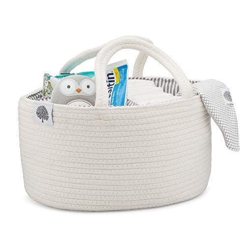 Parker Baby Rope Diaper Caddy Organizer - Nursery Storage Bin and Car Organizer for Diapers and Baby Wipes - Diaper Organizer for Baby Essentials, Baby Shower Gifts - White