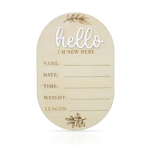 Baby Announcement Sign 6.5 Inch Wooden Hello World Newborn Welcome Sign Birth Name Plaques for Photo Props Baby Shower Hospital Nursery (OVAL)