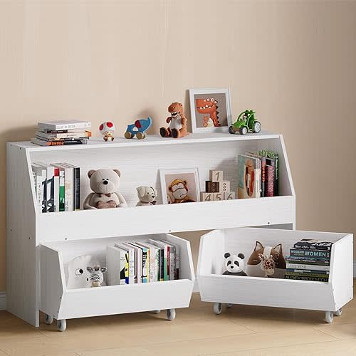 Toy Storage and Organizer for Kid, Large Toy Bin Bookcase Toy Cabinet with Two Moveable Drawers, Children Toddler Storage Carbinet with Wheels for Playroom, Bedroom, Nursery (White oak, Regular)