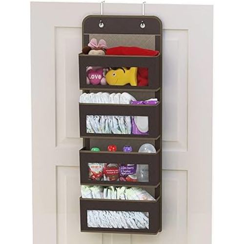 Simple Houseware Over Door/Wall Mount 4 Clear Window Pocket Organizer, Brown