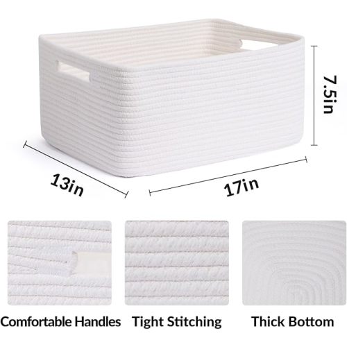 Large Storage Baskets for Shelves, Closet Organizers Bins for Clothes Blanket Towels, Baby Nursery, Toy Baskets Box, Woven Rope Baskets, 17 x 13 x 7.5”, 2 Packs Off White