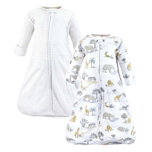 Hudson Baby Cotton Long-Sleeve Wearable Sleeping Bag, Sack, Blanket, Neutral Safari World Long Sleeve, 0-3 Months
