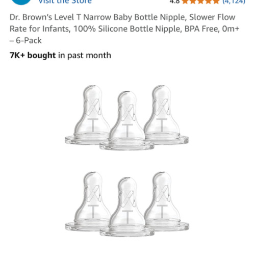 Dr. Brown’s Level T Narrow Baby Bottle Nipple, Slower Flow Rate for Infants, 100% Silicone Bottle Nipple, BPA Free, 0m+ – 6-Pack