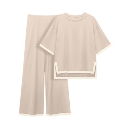 MINTREUS Women's Cotton 2-Piece Loungewear Short-Sleeve Round-Neck Pullover Top Wide-Leg Pants Women's PJ Casual Set