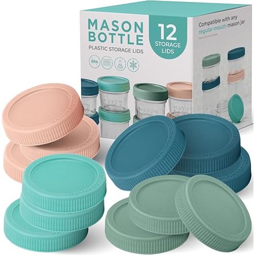 Mason Bottle Plastic Mason Jar Lids, 12-Pack Fits Regular Mouth Mason Jars