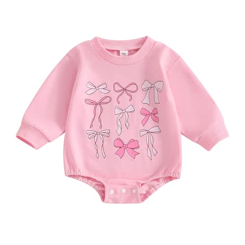 Chloefairy Newborn Baby Girl Bubble Romper Bow Print Onesie Long Sleeve Sweatshirt Romper Bodysuit Infant Fall Outfit