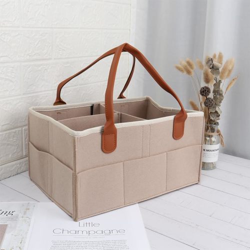 MaHonestFelt Baby Diaper Caddy - Nursery Storage Bin and Car Organizer for Diapers and Baby Wipes (Oatmeal)
