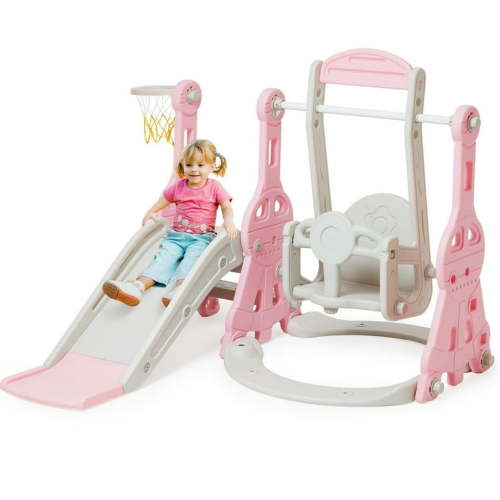 Ealing 4 in 1 Slide and Swing Set for Toddler Age 1-2 Indoor Baby Swing Toys Playset with Climber Basketball Hoop,Pink