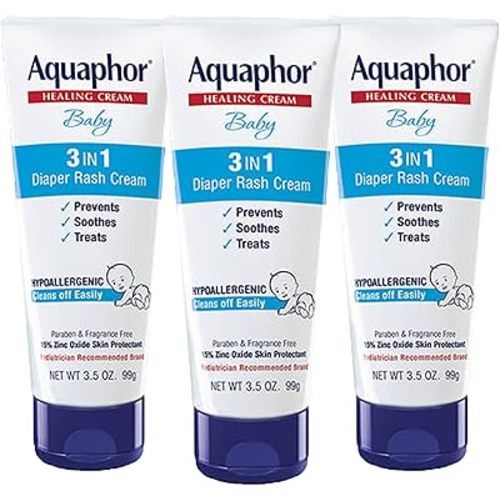 Aquaphor Baby Diaper Rash Cream, 3-in-1 Diaper Rash Relief, 3.5 Oz Tube, (Pack of 3)
