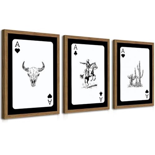 Western Cowboy Wall Art Set Of 3 Cowboy Print Playing Card Inspired Southwestern Canvas Poster Trendy Western Wall Decor Longhorn Bull Skull Room Decor for Bedroom Living Room Framed 12x16 inch