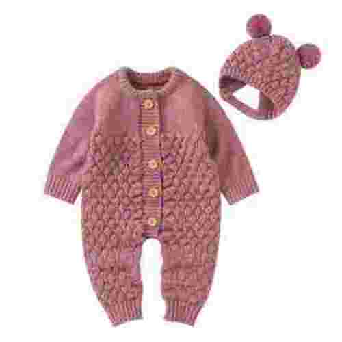 WOYY 0-3months Girls Sweater Jumpsuit Solid Color Long Sleeved Knitted Romper With Hat