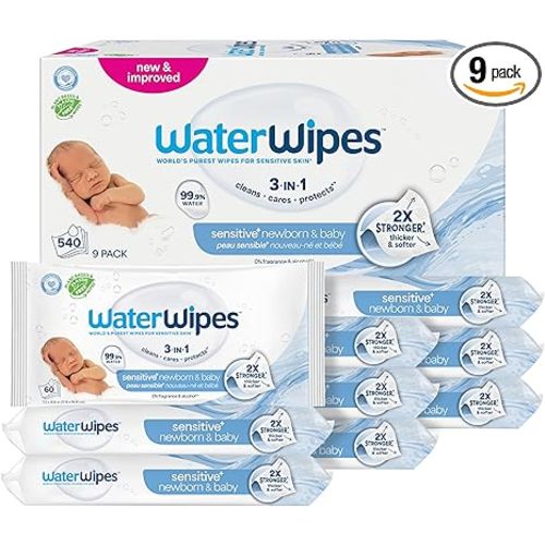 WaterWipes Sensitive+ Newborn & Baby Wipes, 3-In-1 Cleans, Cares, Protects, 99.9% Water, Unscented & Hypoallergenic, 540 Count (9 Packs)