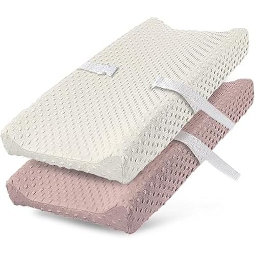 2 Pack Changing Pad Cover for Baby Boys Girls, Ultra Soft Breathable Plush Dot Diaper Changing Table Pad Cover, Neutral Fitted Changing Pad Sheets (Pristine and Sepia Rose)