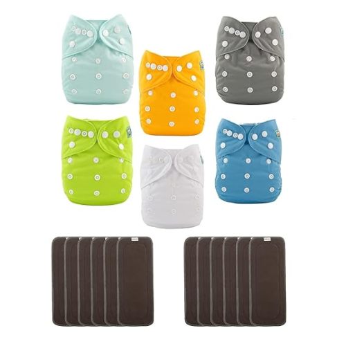 ALVABABY 6 Pack Baby Cloth Diapers with 12 pcs 5-Layer Charcoal Inserts/Adjustable Washable Reusable 6BM98-ZTN