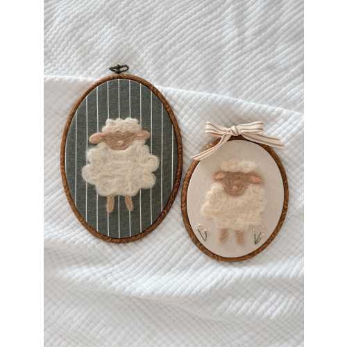 Neutral Lamb Needle Felt Wall Art – Embroidered Flowers – Handmade Nursery Decor in Hoop
