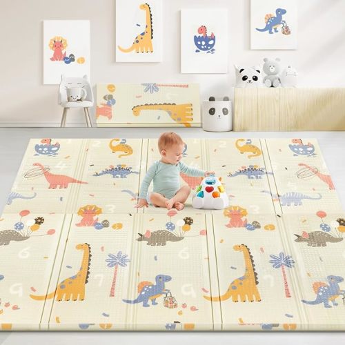 79"x71" Baby Floor Play Mat, 0.6" Thicker XPE Foam Foldable Waterproof Playmat for Infants Babies from Newborns to Toddlers, Crawl to Walk, Reversible & Portable Baby Mat (Dino and Track)