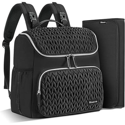 Mancro Small Quilted Diaper Bag Backpack, Waterproof Mini Travel Diaper Bag Tote with Changing Pad, Lightweight Baby Backpack with 2 Insulated Bottle Pockets & Stroller Straps, Black