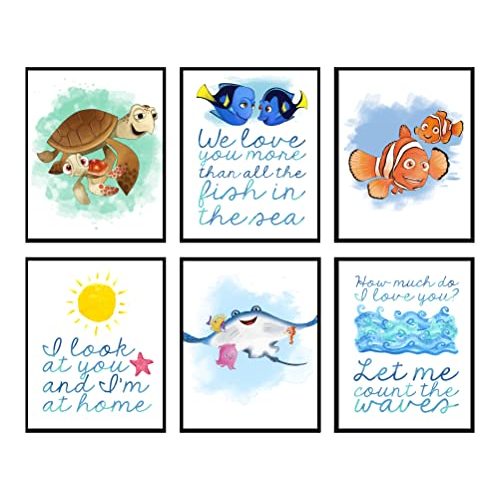 Silly Goose Gifts Nemo Fish Watercolor Ocean Themed Character - Kids Room Wall Art Prints - Toddler Boy Girl Room Decor with Cute Room Reminders & Quotes - Made in USA - No Frames Included - I'm Home Set of Six, 8x10in